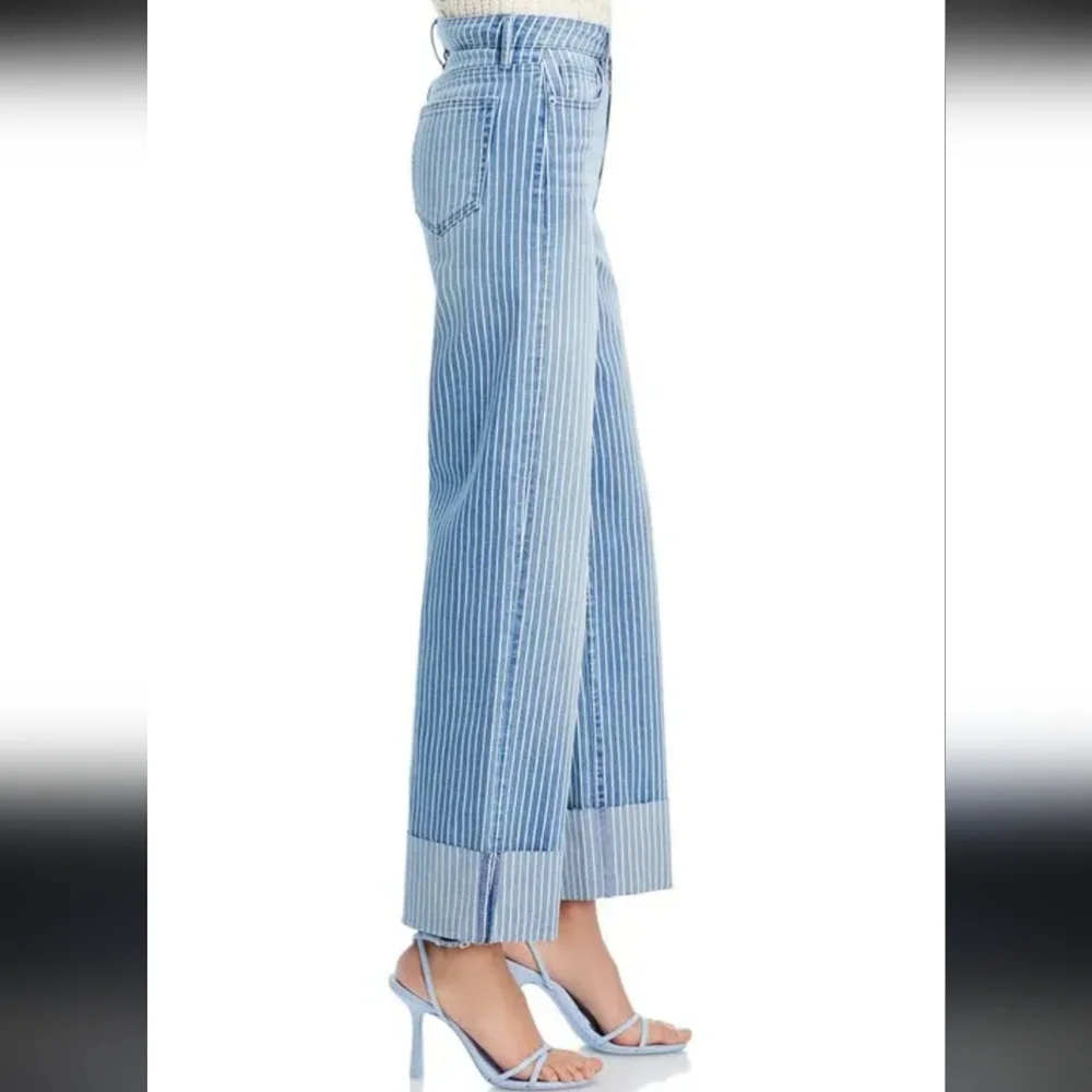 Aqua Striped Cuffed Dad Blue Striped High Waisted Denim Jeans - Picture 2 of 13